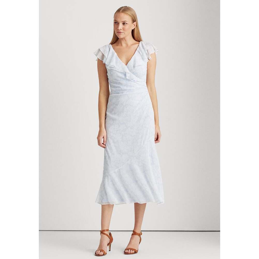 Lauren Ralph Lauren Floral Georgette Midi Dress 14 Blue Ruffle Wrap V Neck